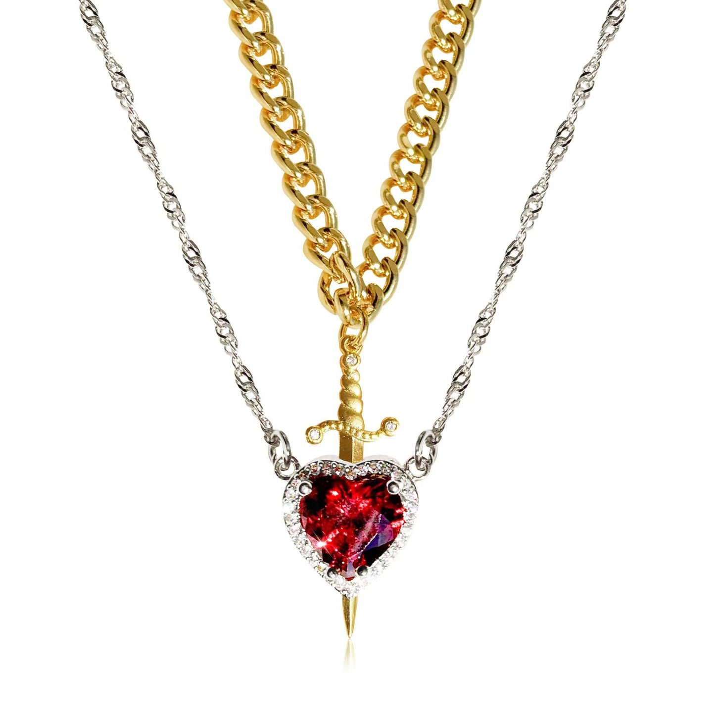 New Heart And Sword Necklace Set Gold Color Stainless Steel Jewelry DealSniper.net Golden Sword Silver Love