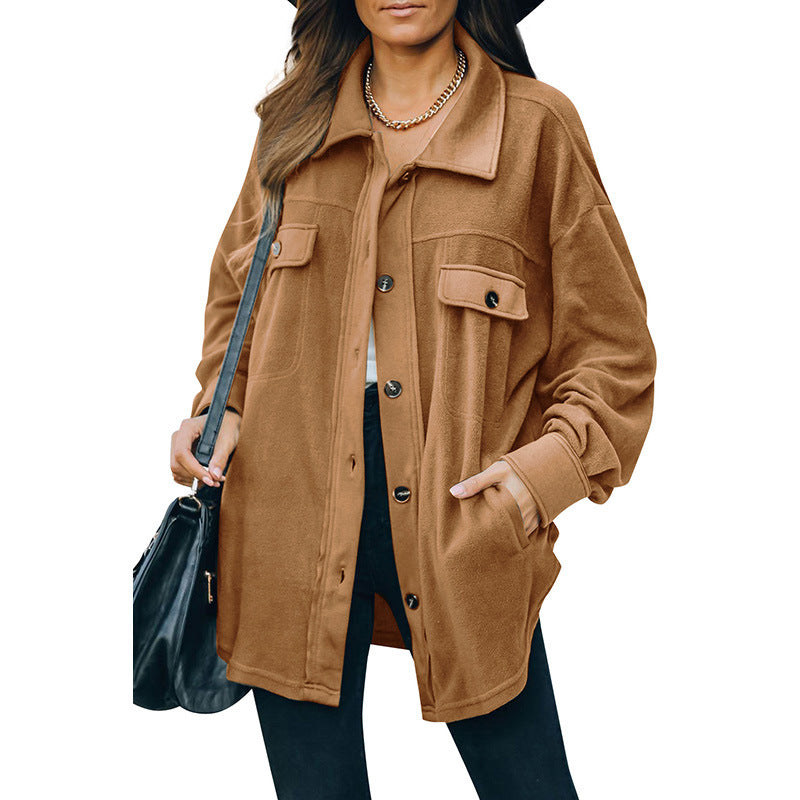 New Lapel Fleece-breasted Cardigan Jacket Shirt Women DealSniper.net Caramel 2XL