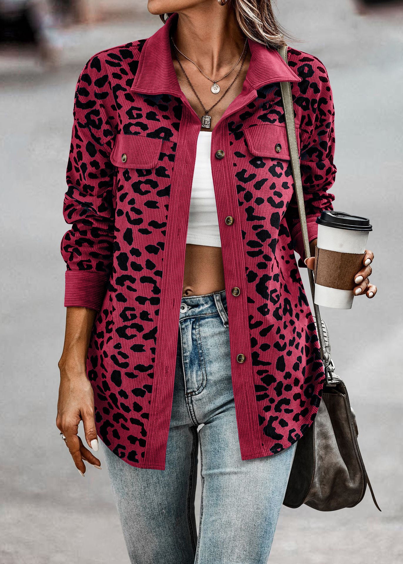 Leopard Print Shirt Coat Fashion Button Long Sleeve Jacket Women Women DealSniper.net Dark Red 2XL