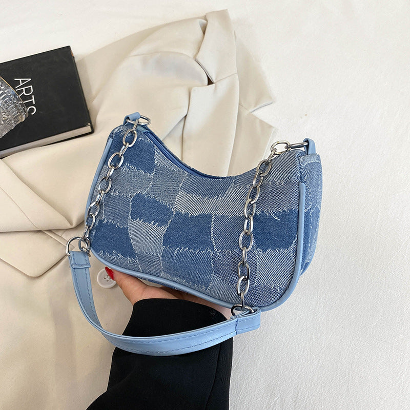 Denim Shoulder Bag Simple Plaid Patchwork Bag Women DealSniper.net Blue