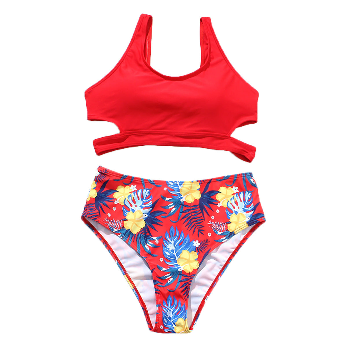 Ladies High Waist Solid Color Printed Swimsuit Deals DealSniper.net