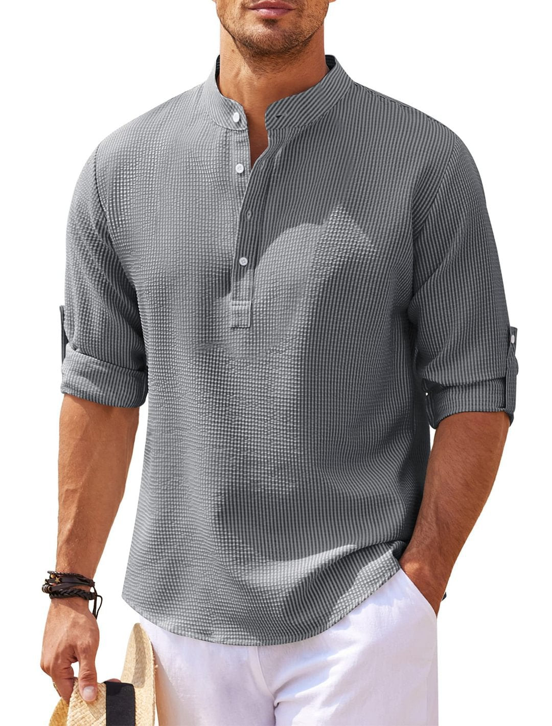 Men's Casual Shirt Long Sleeve Stand Collar Solid Color Shirt Mens Clothing Men DealSniper.net Dark Gray 2XL