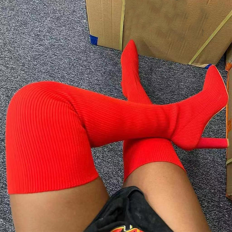 Over Knee Long Boots Pointed Toe High Heel Stretch Knitting Shoes Women Winter Boot Women DealSniper.net Red Size37