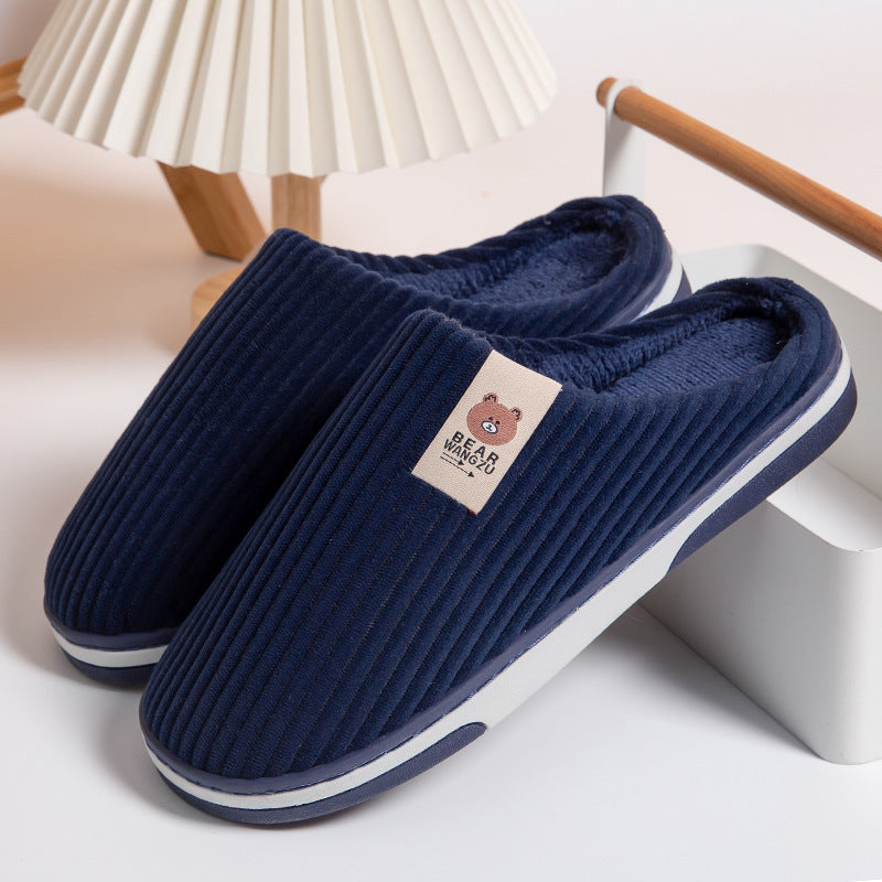 Solid Color Striped Slippers For Women Thick-soled Anti-slip Indoor Warm Plush Home Shoes Couple Women Men Slipper Winter Women DealSniper.net Navy Blue 40to41