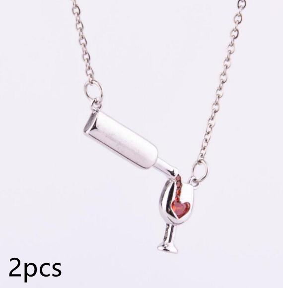Wine Bottle Cup Pendant Necklace For Women Girls Wine Glass Jewelry DealSniper.net Silvery 2pcs