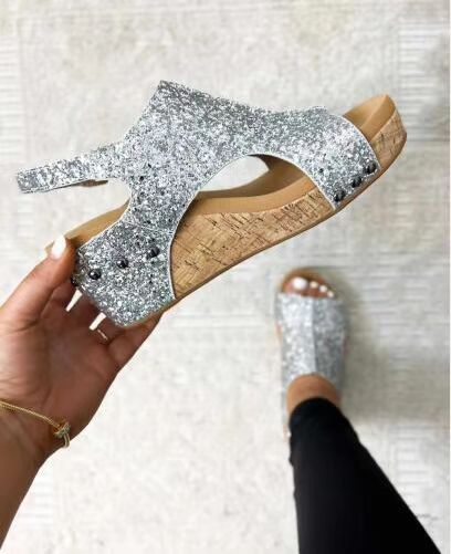Summer Chunky Wedges Sandals Fashion Sequins Velcro Shoes Women Women DealSniper.net Silver Size35