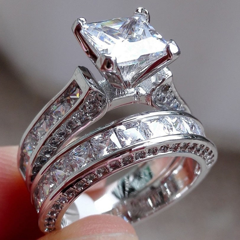 New Style Charm Couple Rings His Her Silver Color Princess Cut CZ Anniversary Promise Wedding Engagement Ring Sets Jewelry DealSniper.net silvery US6