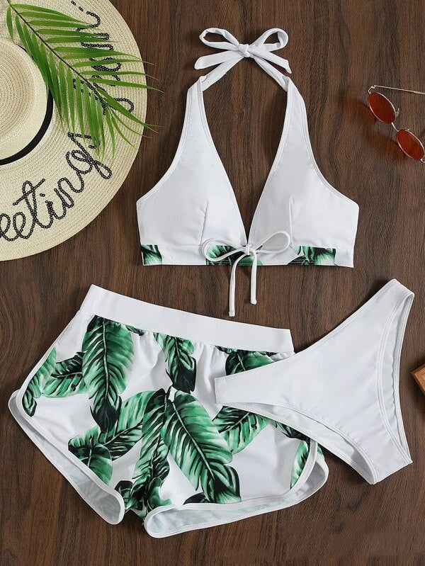 3pcs Leaf Print Bikini With Shorts Fashion Summer Beach Swimsuit Womens Clothing Women DealSniper.net Pattern10 L
