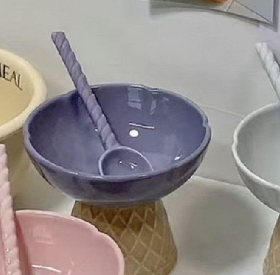 Ceramic Cute Ice Cream Bowl Fruit Bowl Breakfast Oatmeal Fried Kids DealSniper.net Purple Bowl Purple Spoon