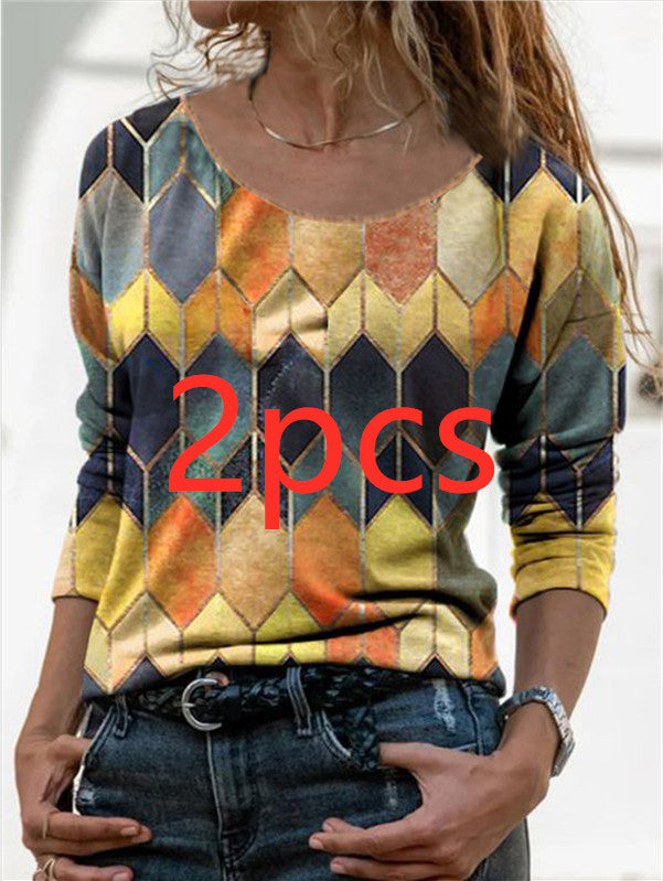 Long sleeve retro geometric print casual top T-shirt Women DealSniper.net Yellow2pcs 3XL
