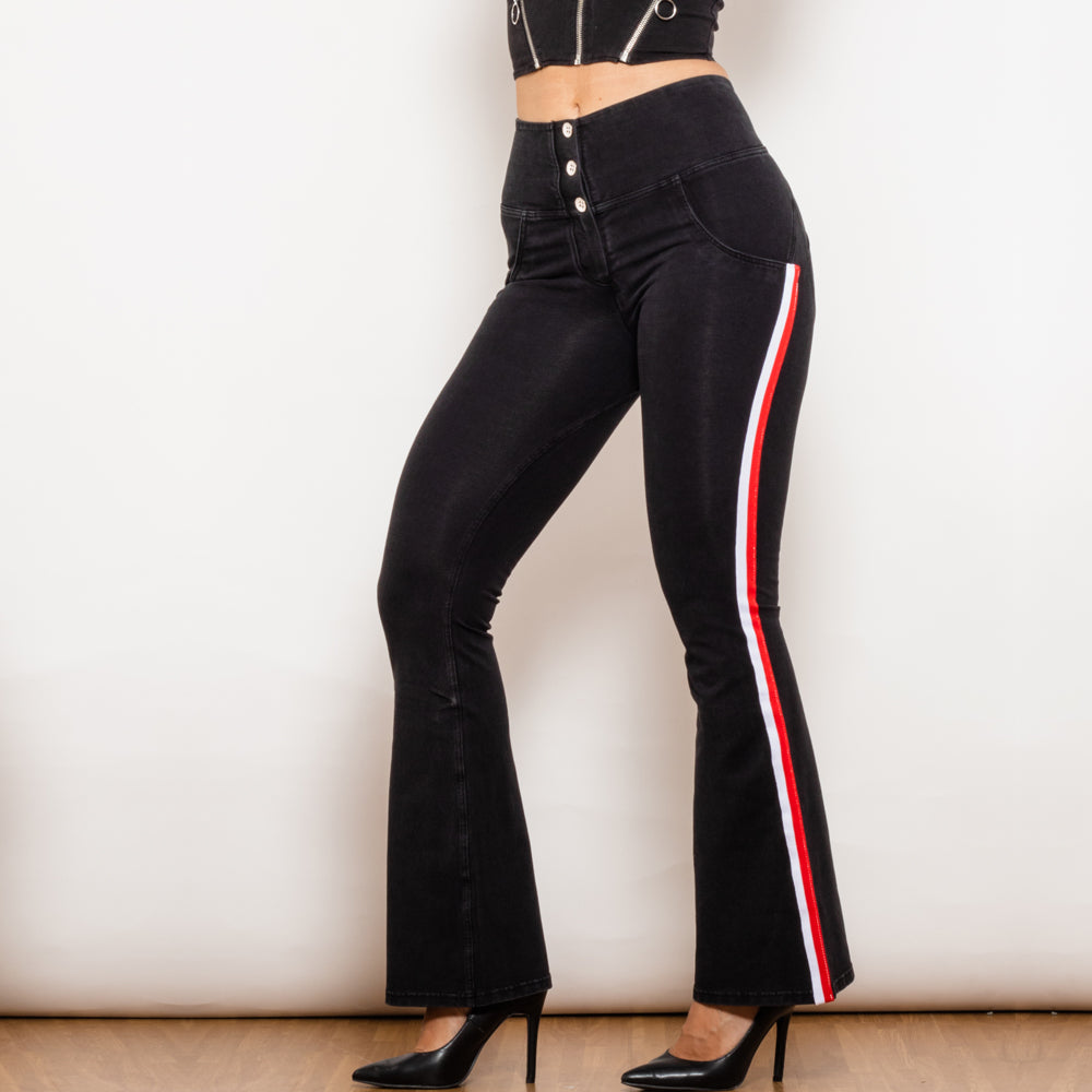 Shascullfites Melody Black Striped Flared Lift Jeggings Button Up Jeans Women DealSniper.net