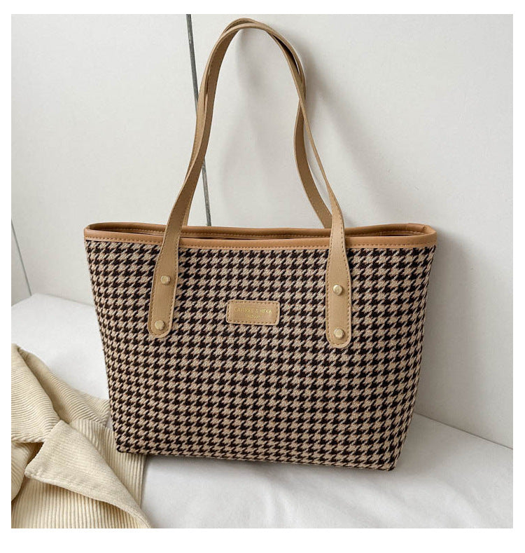 Houndstooth Shoulder Bag Winter Fashion Commuting Handbags WOmen Large Capacity Totes Casual Shopping Bag Women DealSniper.net Khaki