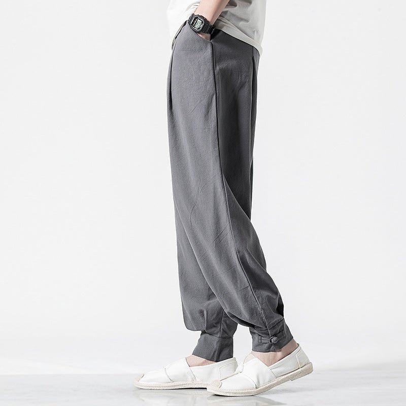 Chinese style cotton and linen casual trousers loose harem pants bloomers Men DealSniper.net gray 2XL