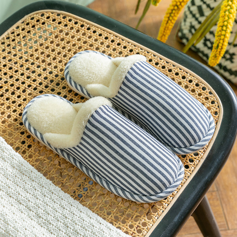 Fashion Striped Printed Slippers For Women Autumn And Winter Warm Non-slip Thick Sole House Shoes Men's Indoor Plush Shoes Women DealSniper.net Navy Blue 40to41