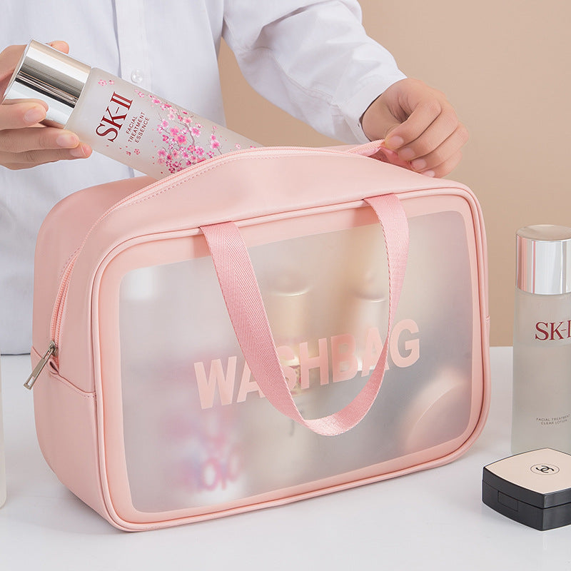 Korean Portable Large-Capacity Portable Travel Transparent Toilet Bag Pu Waterproof Scrub Cosmetic Bag Skin Care Product Storage Bag Tools DealSniper.net Pink large