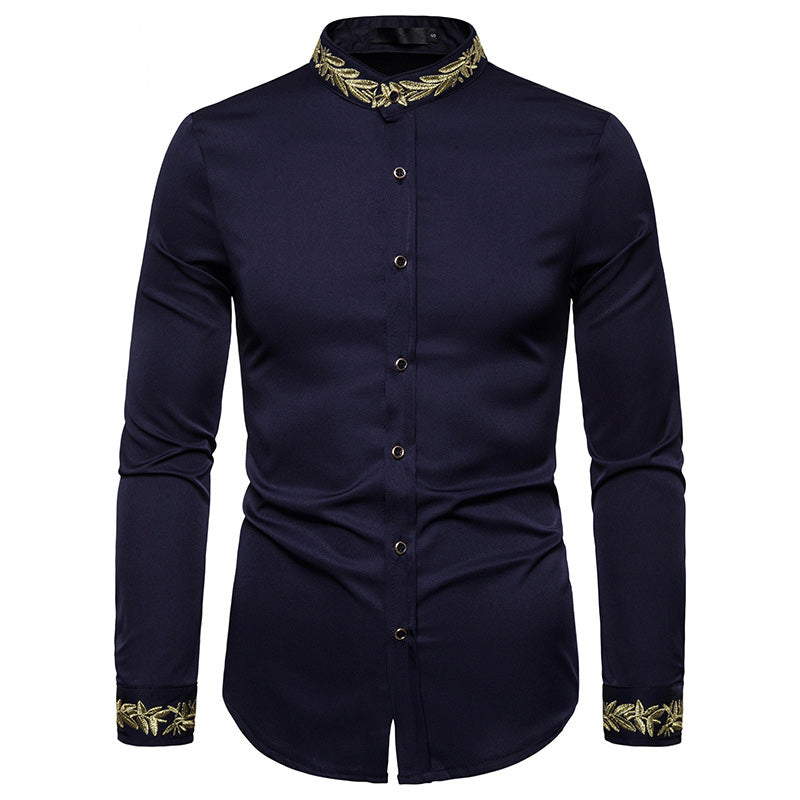 Gold Embroidery White Shirt Men Brand New Stand Men DealSniper.net Navy blue 2XL