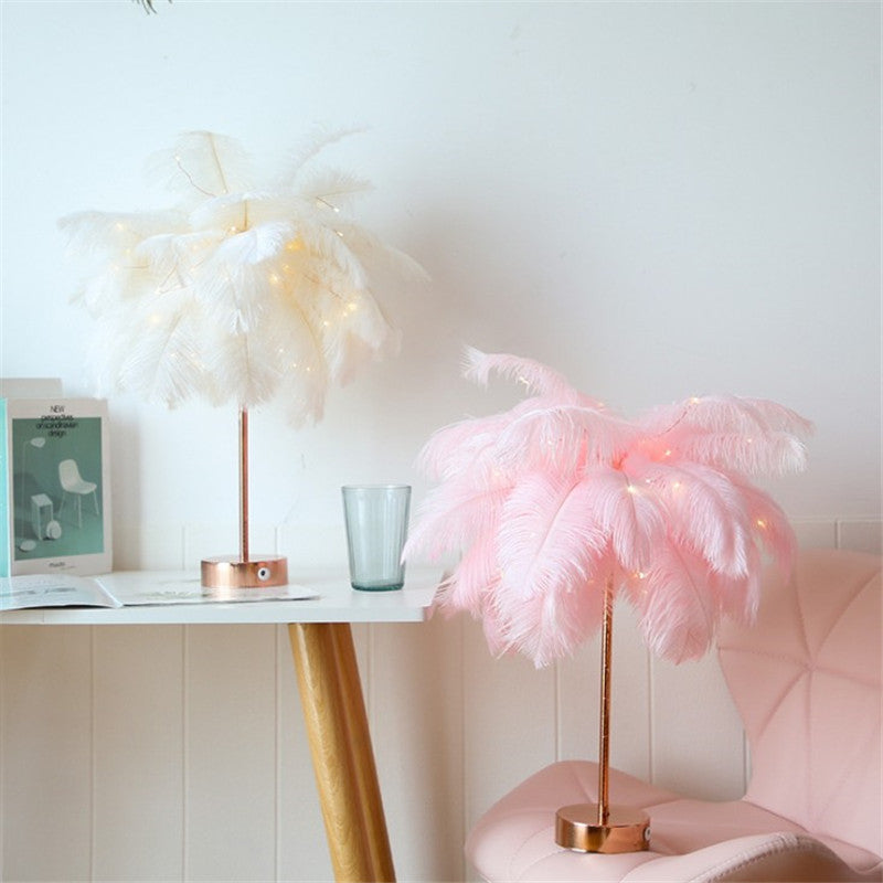 Remote Control Feather Table Lamp USB Battery Power Home Decor DealSniper.net