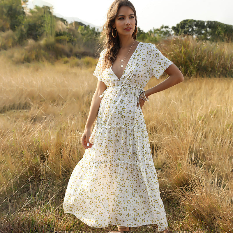 Long Dress Women Summer Boho Sexy Flowers Dress With V-neck Women DealSniper.net White L