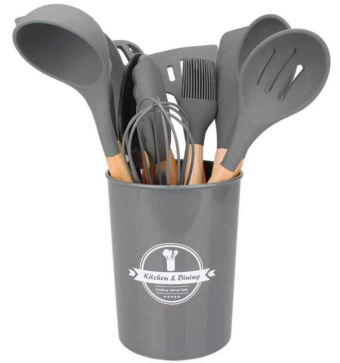 Wooden Handle Silicone Kitchenware 12-Piece Non-Stick Spatula Home DealSniper.net Grey