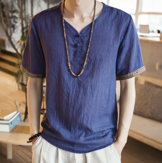 Embroidery buckle short sleeves Thin section linen casual large size short sleeve men's cotton and linen T-shirt Men DealSniper.net Tibetan blue 2XL