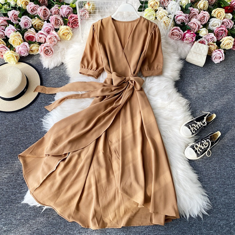 Fashion Simple Ladies Retro V Dress Women DealSniper.net Khaki One size