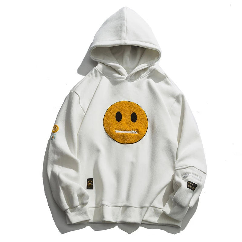 Zipper Pocket Smile Face Patchwork Fleece Hoodie Sweatshirt Streetwear Men's Hip-Hop Casual Hooded Top Men DealSniper.net