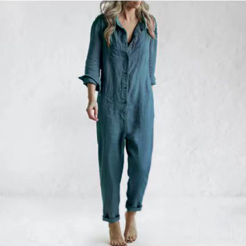 Casual Long Sleeve Jumpsuit With Pockets Fashion Loose Women DealSniper.net Blue 2XL
