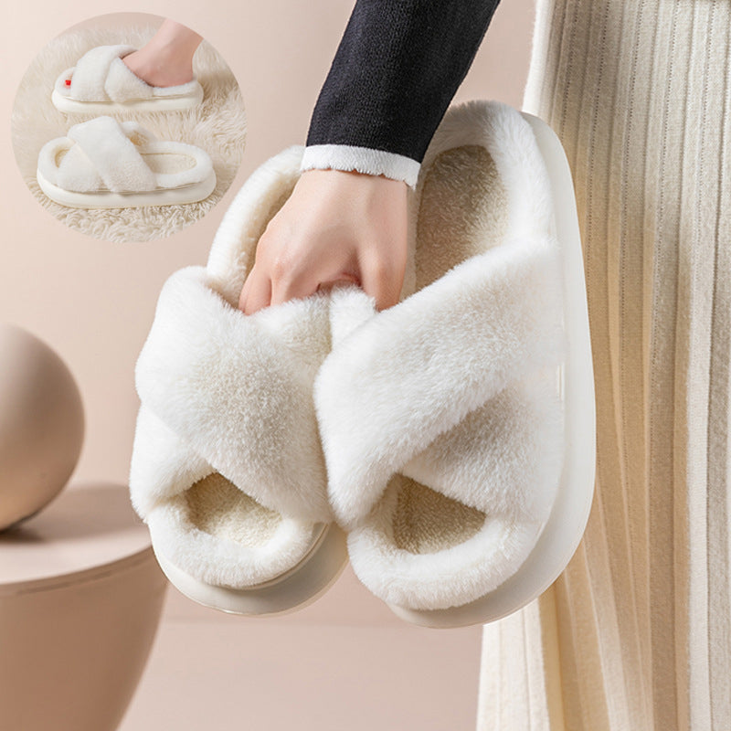 Women's Platform Fuzzy Home Slippers Winter Open Toe Criss-cross Solid Color Casual Floor Slides Indoor Flat Comfy House Shoes Women DealSniper.net