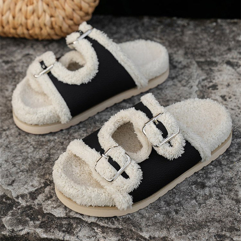 Autumn Winter Slipper Thick Sole Buckle Lamb Swool Slippers For Women Outdoor Gardern Indoor Lazy Plush Shoes Women DealSniper.net