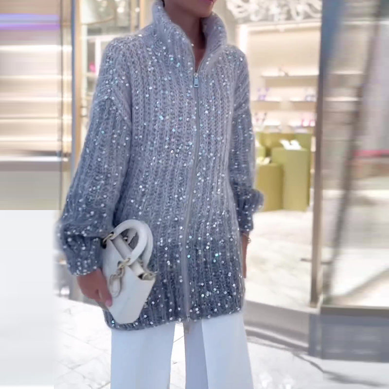 Heavy Embroidery Sequins Zipped Stand Collar Loose Sweater Coat Women Women DealSniper.net