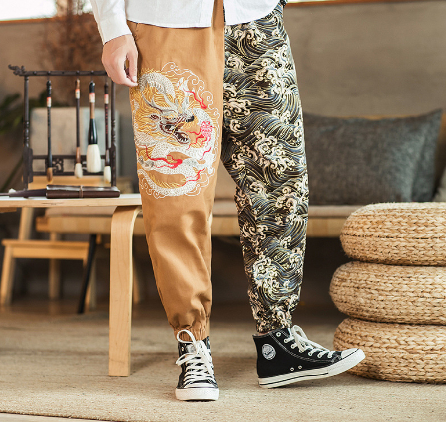 Embroidered silver dragon trousers Men DealSniper.net Khaki 3XL