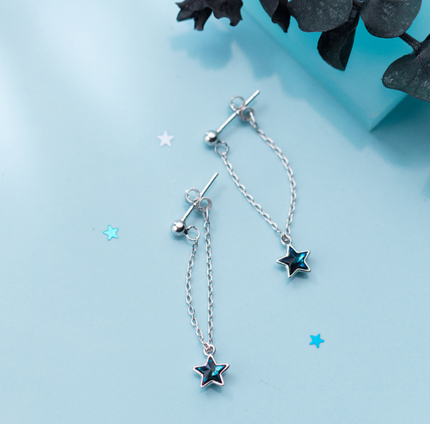 Blue diamond five-pointed star sweet back-hanging earrings Jewelry DealSniper.net
