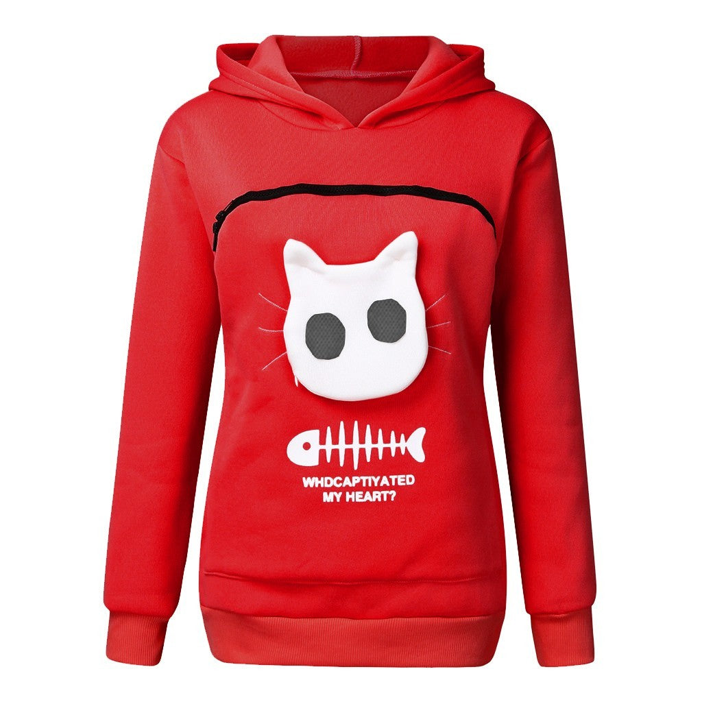 Women Hoodie Sweatshirt With Cat Pet Pocket Design Women DealSniper.net Red L