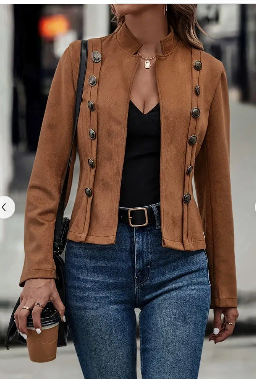 Solid Short Jacket Double Breasted Decorative Coat Women DealSniper.net