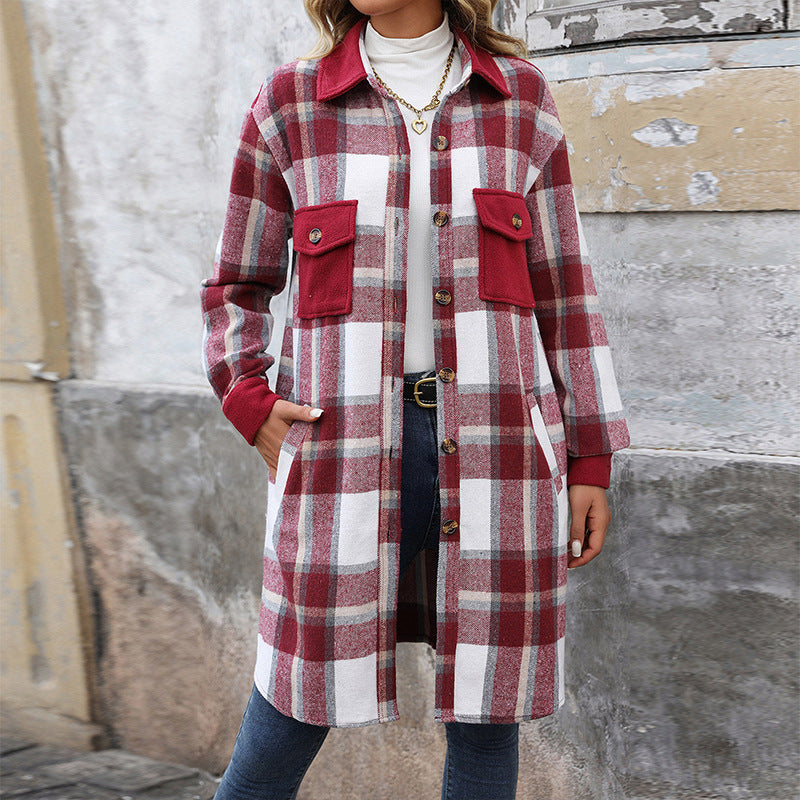 New Brushed Plaid Long Coat With Pockets Fashion Winter Jacket Women DealSniper.net Wine Red L