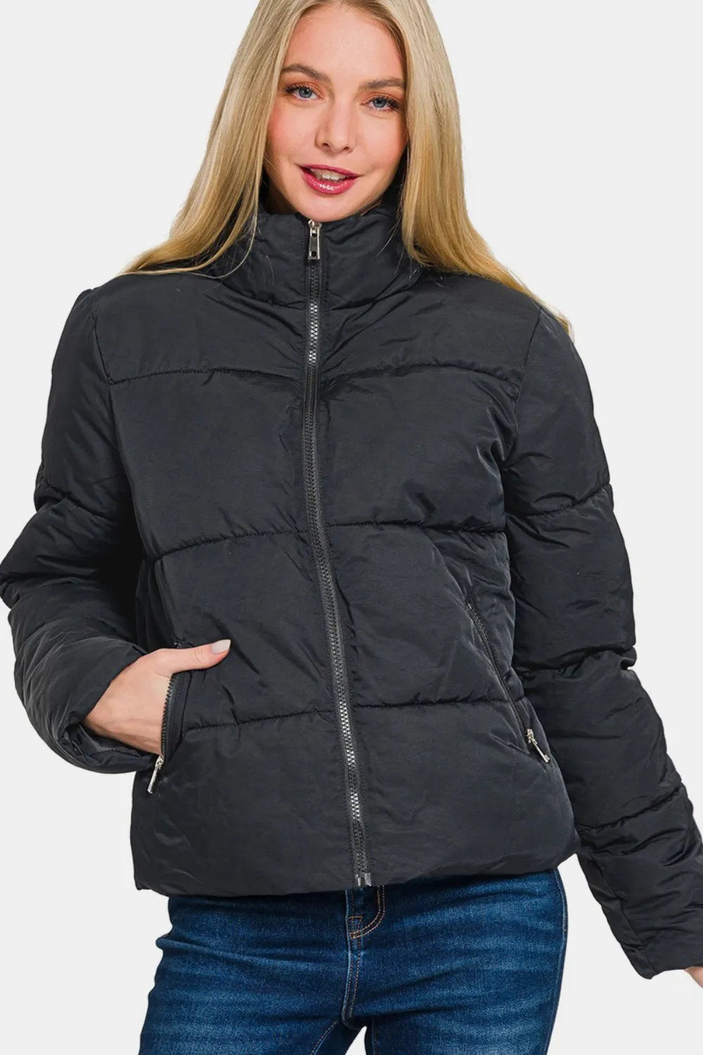 Zenana Zip Up Turtleneck Puffer Jacket With Pockets Women DealSniper.net