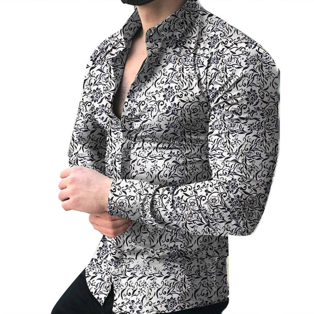 Lapel printed long-sleeved casual floral shirt Men DealSniper.net White 3XL