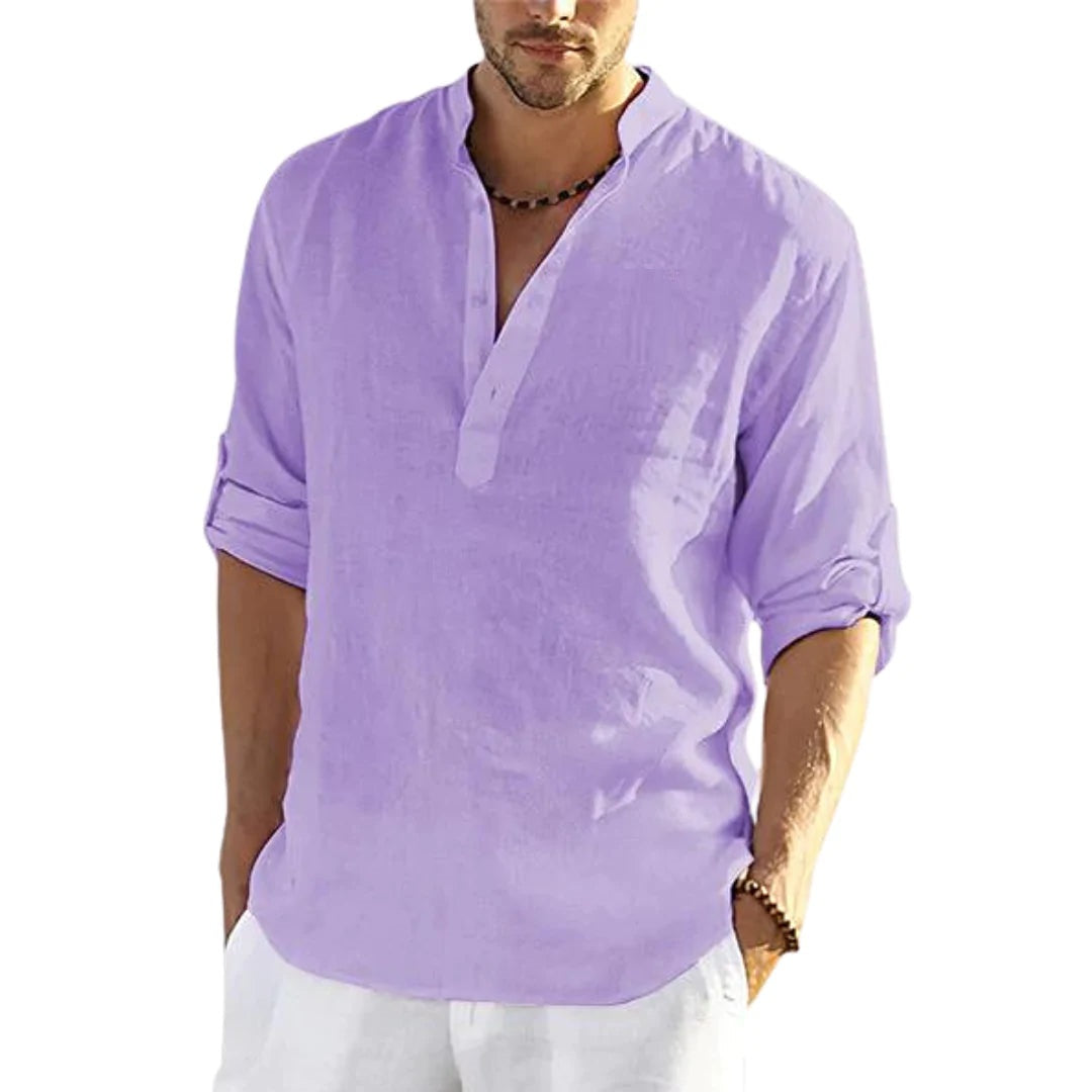 Men's Casual Cotton Linen Solid Color Long Sleeve Shirt Loose Stand Collar Deals DealSniper.net