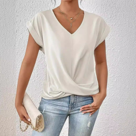 Fashion Short-sleeve T-shirt Summer Casual Irregular Knot Top For Women Women DealSniper.net White L