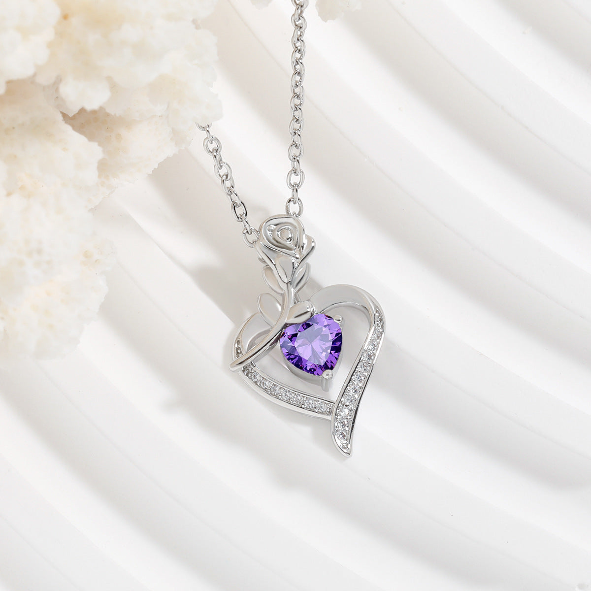 Rose Heart-shaped Necklace With Rhinestones Fashion Jewelry DealSniper.net Purple