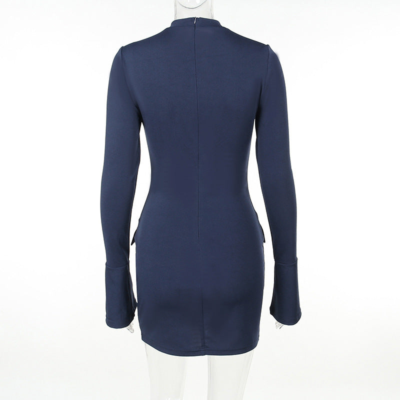 Fashion Long Sleeve Dress With Two Pockets Slim Bodycon Women DealSniper.net