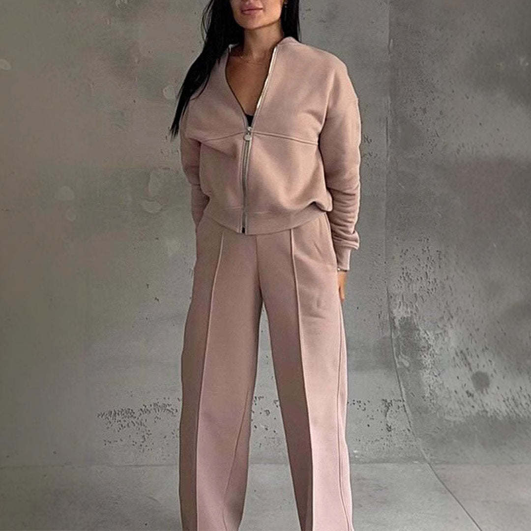 Women's Sports Suits Zipper Jacket And Wide Leg Pants Two-piece Set Women DealSniper.net Pink 2XL