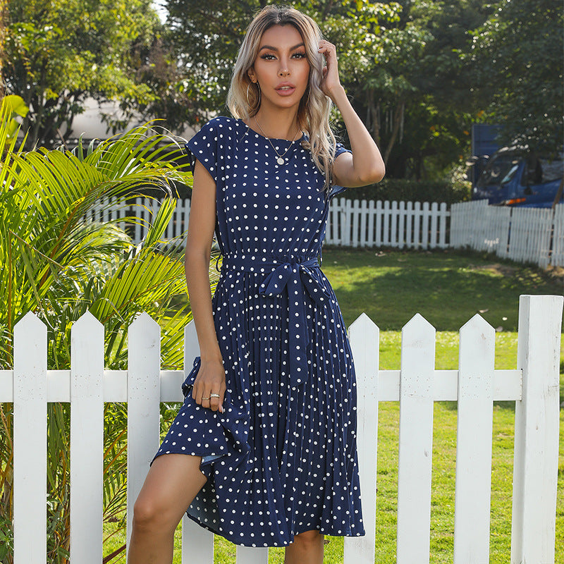 Summer Women Polka Dot Short Sleeve Dress Casual Women DealSniper.net Blue L