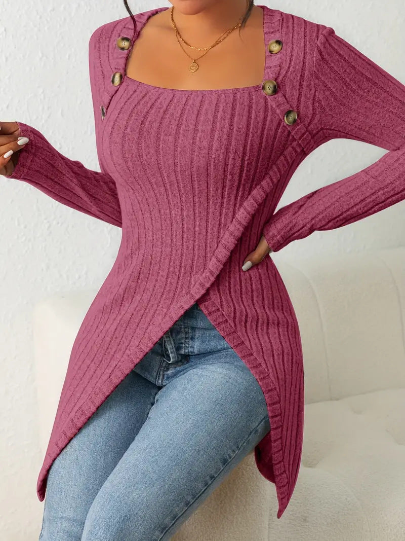Square Collar Irregular Knitted Top With Button Design Women DealSniper.net Rose Red L