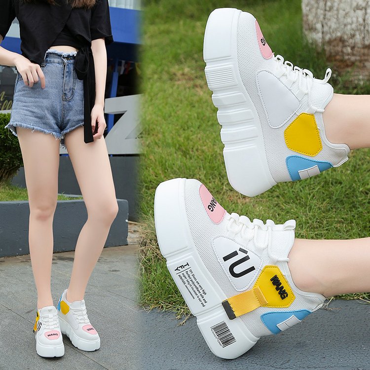Mesh breathable student sneakers thick soles hidden heel shoes Women DealSniper.net white 34