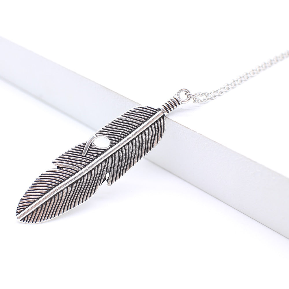 Simple feather necklace leaves long sweater chain clothing Jewelry DealSniper.net Silver