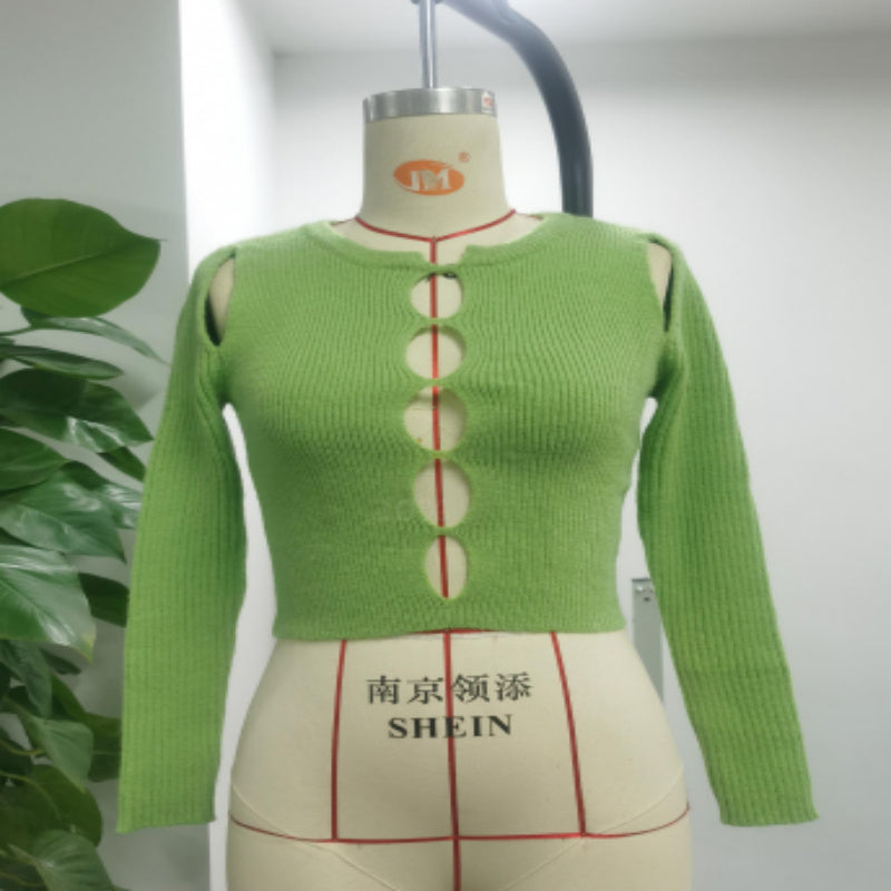 Slim Fit Round Neck Long Sleeves Sweater Shoulder Digging Hollow Sweater Women DealSniper.net