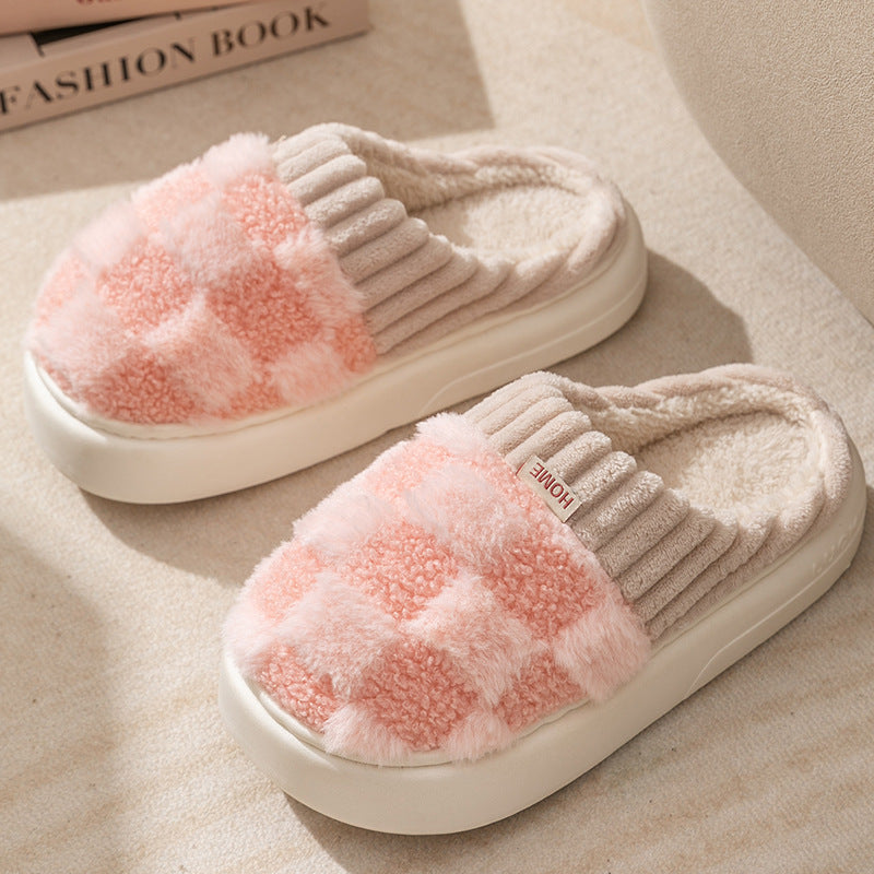Plaid Plush Slippers Women's Indoor Plush Home Slippers Soft Sole Thick Non-Slip Warm House Shoes Couple Autumn And Winter Women DealSniper.net Pink 36or37