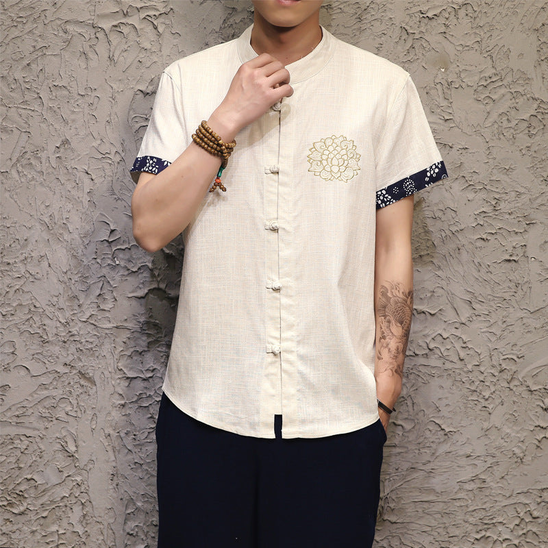 new men's cotton and linen short-sleeved shirt Buddha Chinese style linen shirt delicate embroidery buckle large size male Men DealSniper.net White 4XL