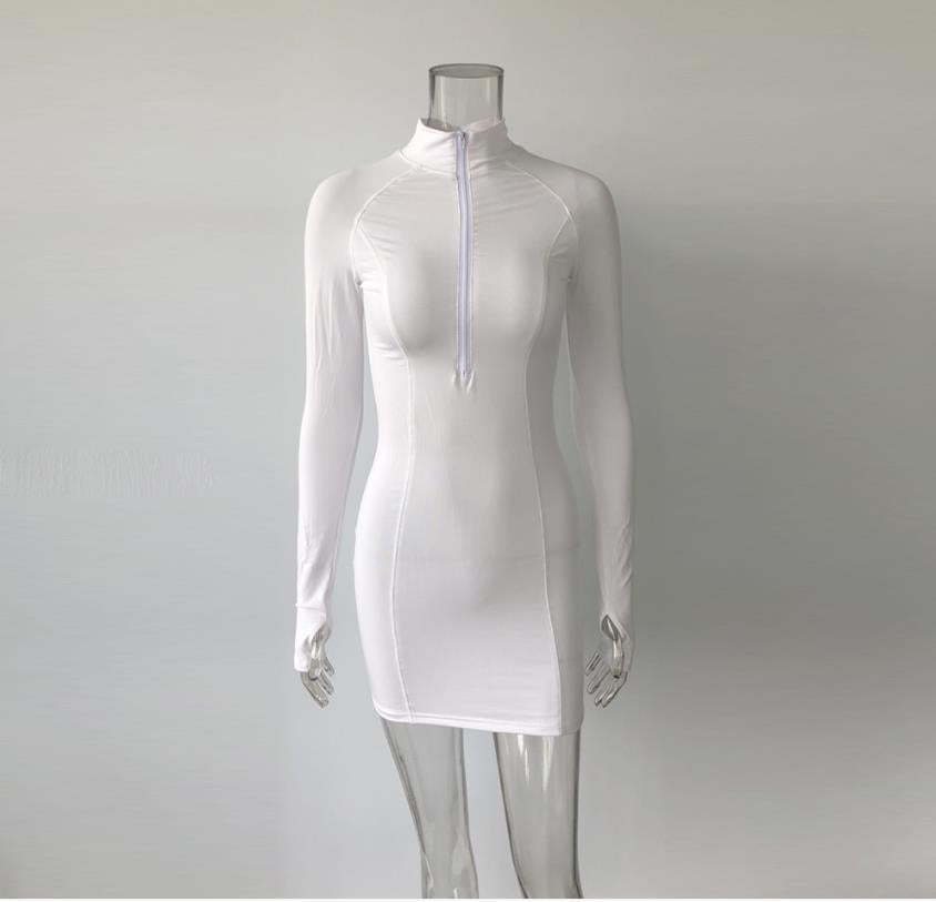 Tight stretch elastic collar zipper long sleeve dress Women DealSniper.net White L